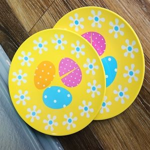 NWT 2 Easter Eggs Dessert Plates Yellow Blue Pink Orange White Flowers